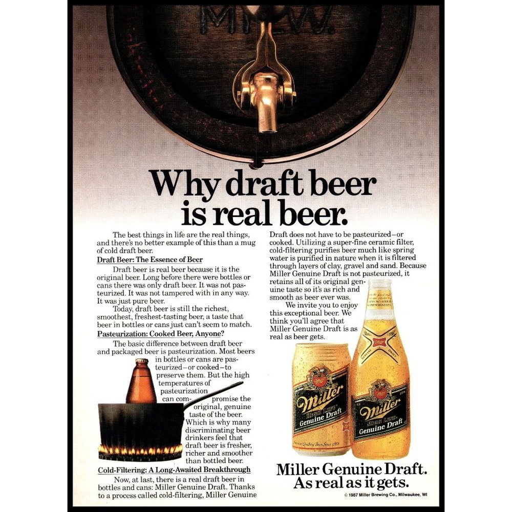 1987 Miller Genuine Draft Beer MGD Vintage Print Ad Barrel Tap Keg Wall Art